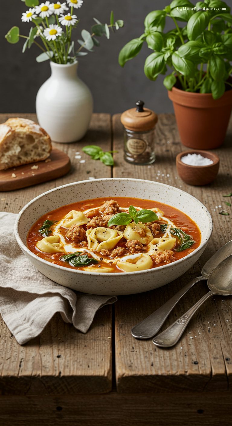Cozy Tortellini and Sausage Soup with Spinach