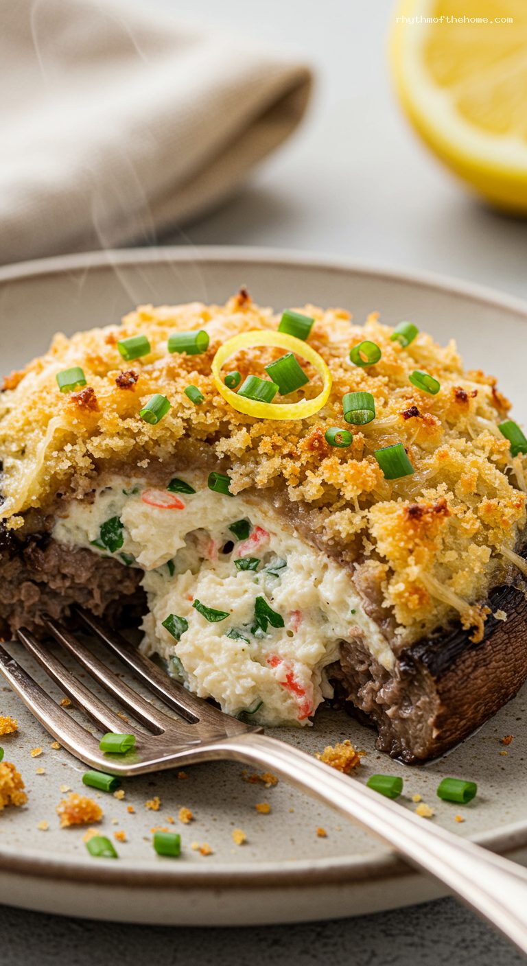 Crab-Stuffed Portobello Mushrooms with Chives – Closeup
