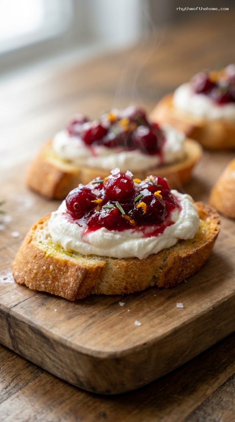 Cranberry Goat Cheese Crostini with Rosemary – Closeup