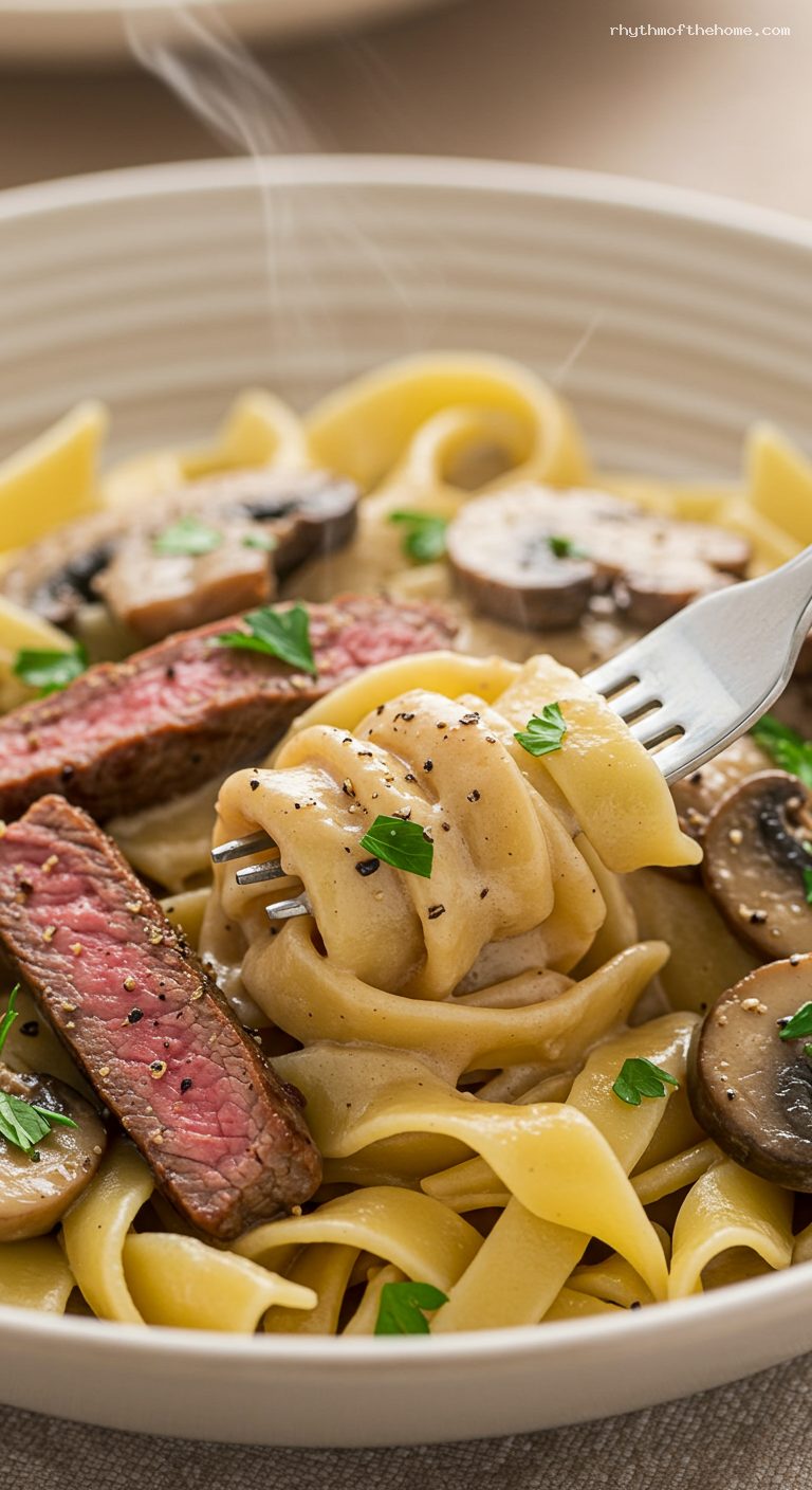 Creamy Beef Stroganoff with Buttered Egg Noodles – Closeup