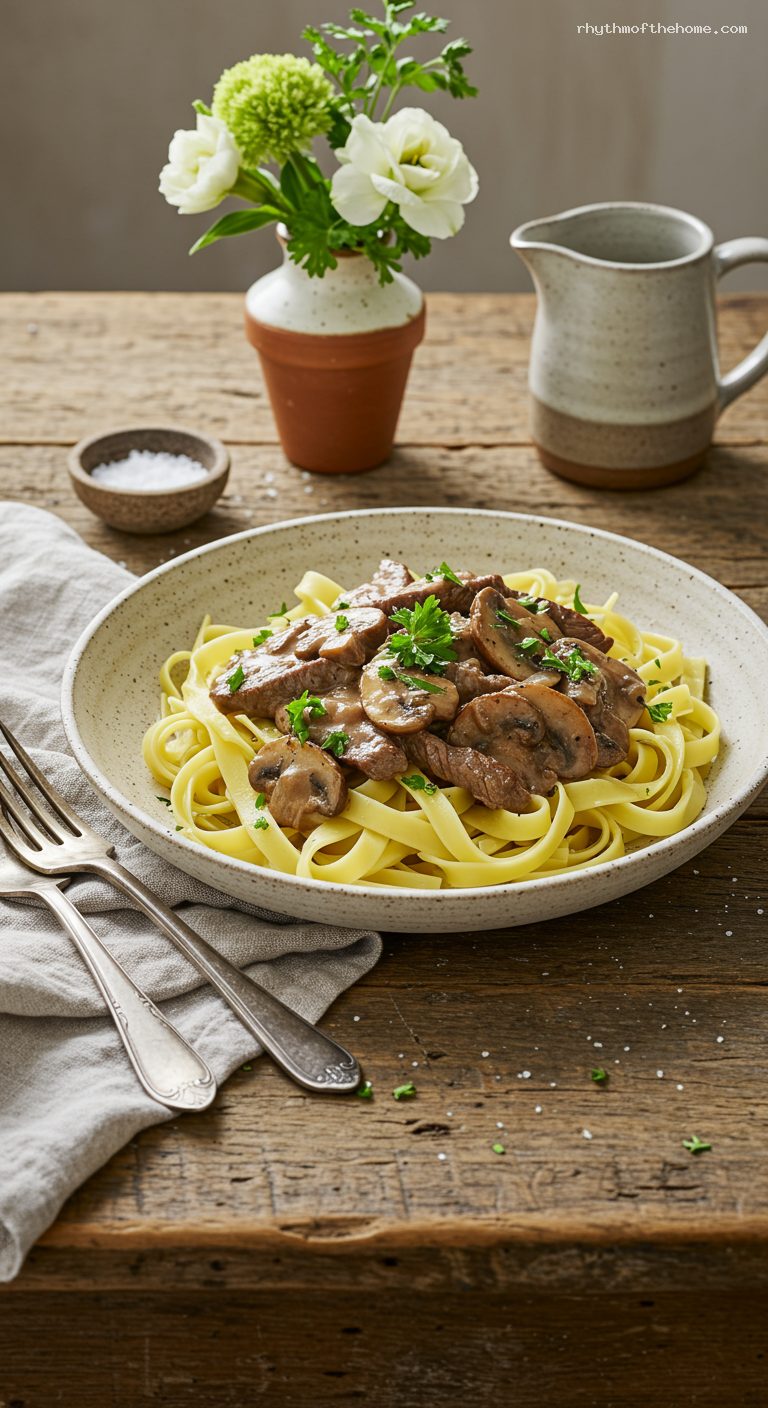 Creamy Beef Stroganoff with Buttered Egg Noodles