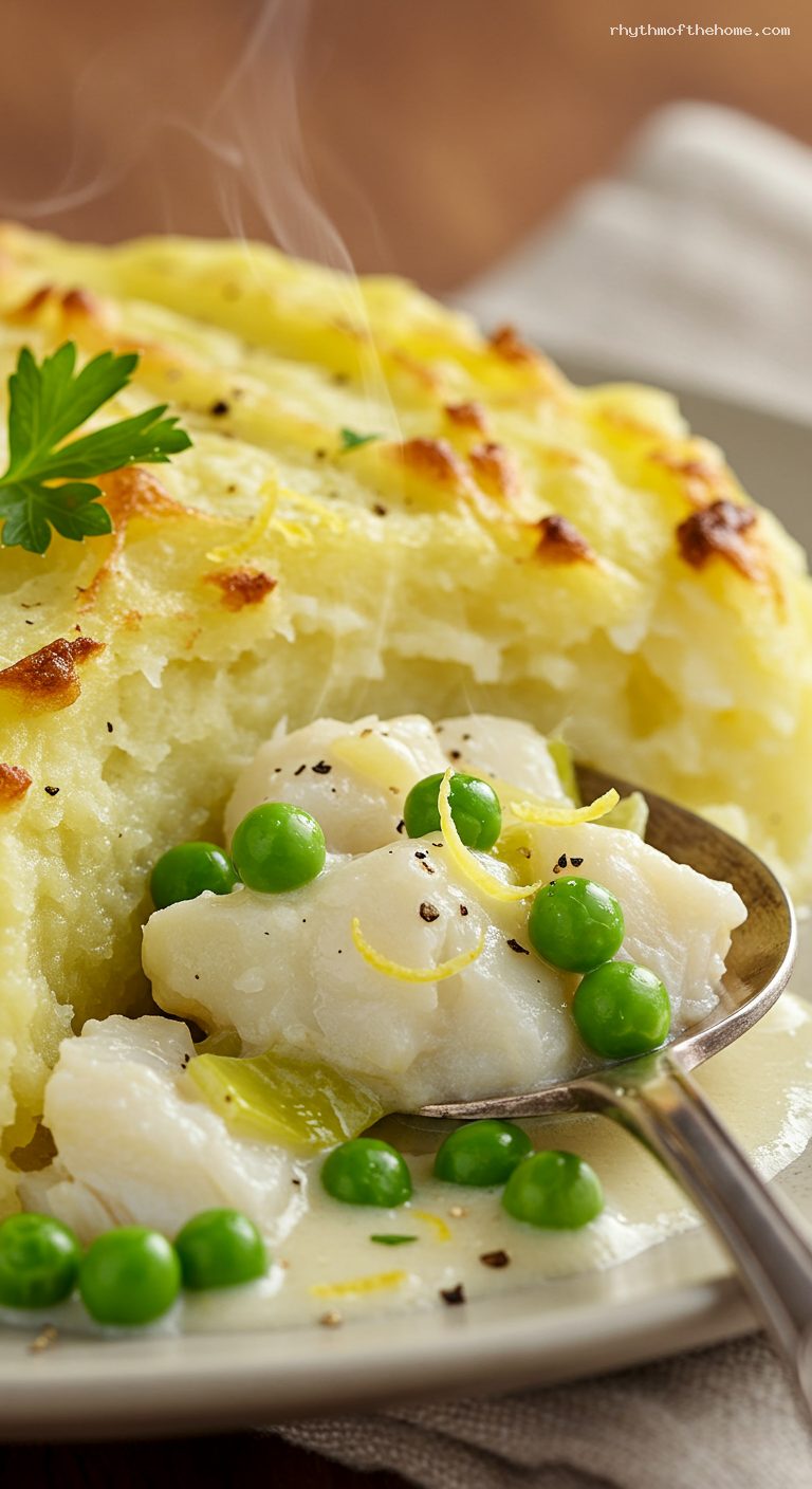 Creamy British Fish Pie with Leeks and Peas – Closeup