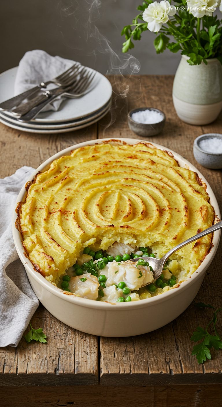 Creamy British Fish Pie with Leeks and Peas