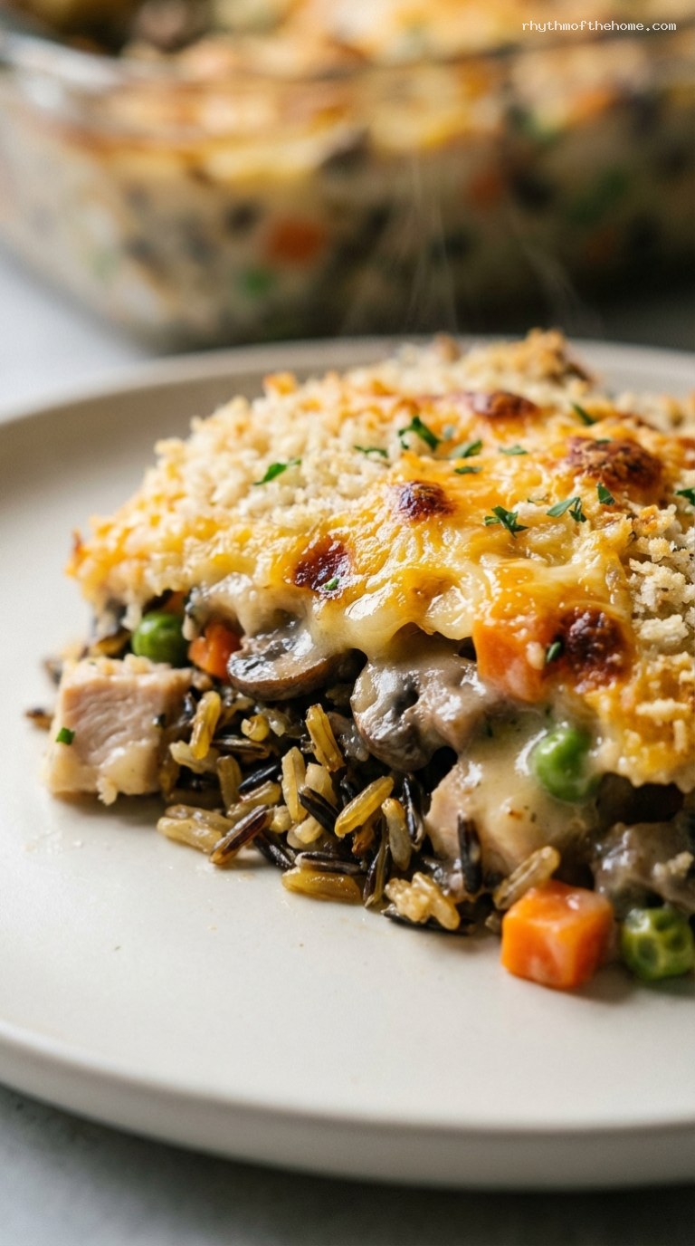 Creamy Cheesy Chicken and Wild Rice Bake – Closeup