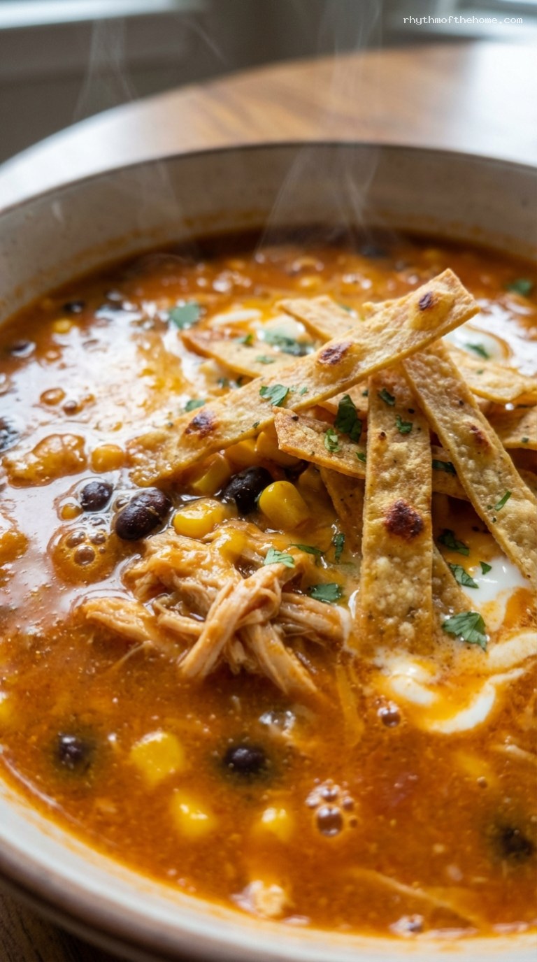 Creamy Chicken Enchilada Soup with Beans and Corn – Closeup