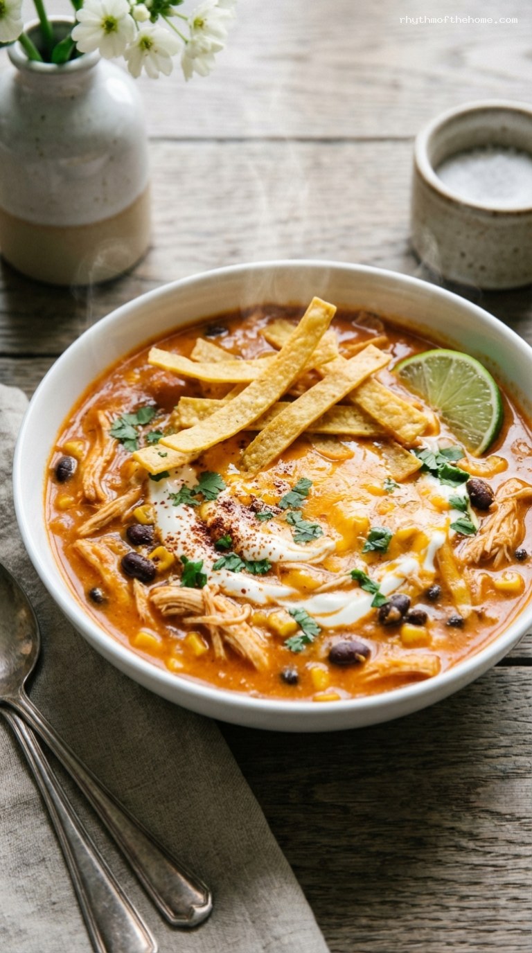 Creamy Chicken Enchilada Soup with Beans and Corn