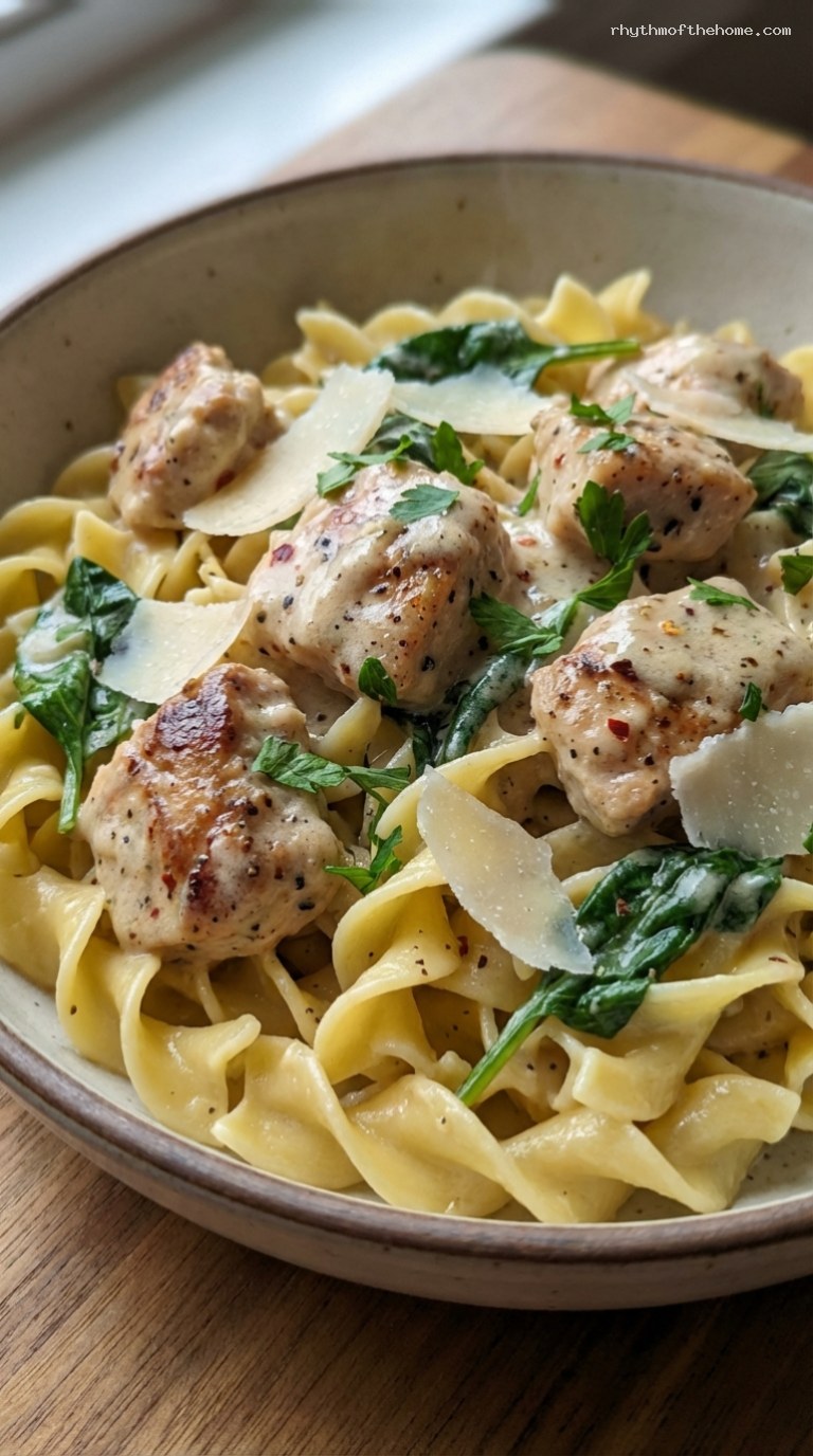 Creamy Chicken Florentine Skillet with Spinach and Parmesan – Closeup
