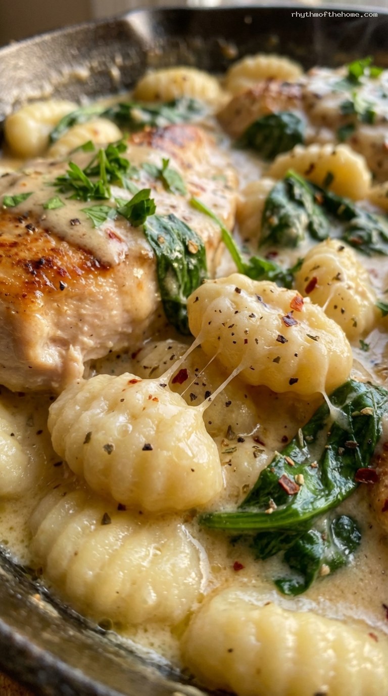 Creamy Chicken Gnocchi Skillet With Spinach and Parmesan – Closeup