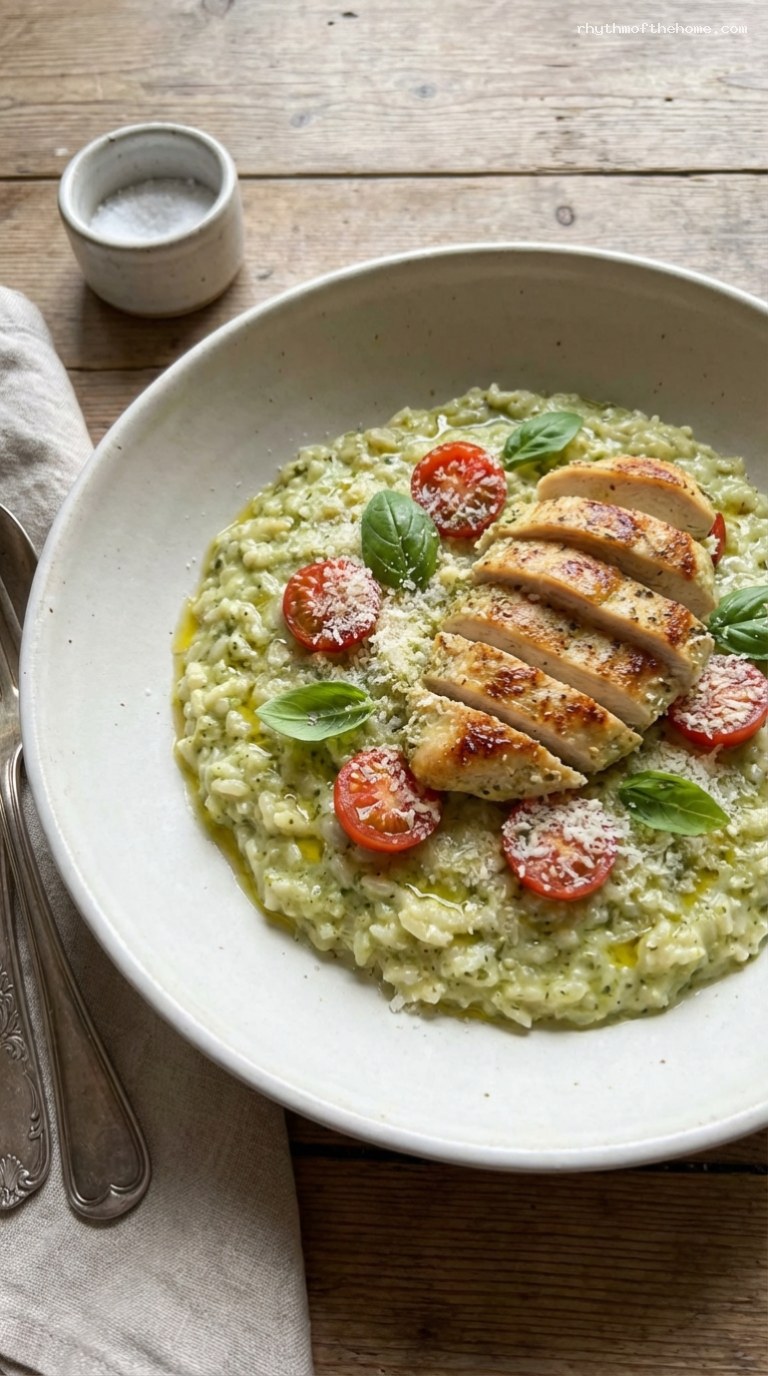 Creamy Chicken Pesto Risotto with Cherry Tomatoes