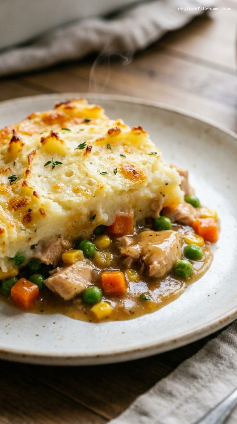 Creamy Chicken Shepherd’s Pie with Fluffy Mashed Potatoes – Closeup