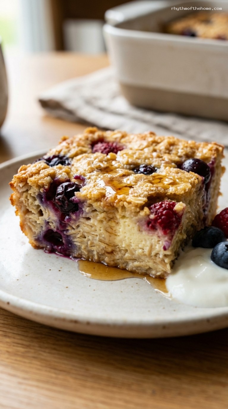 Creamy Cottage Cheese Baked Oatmeal With Berries – Closeup