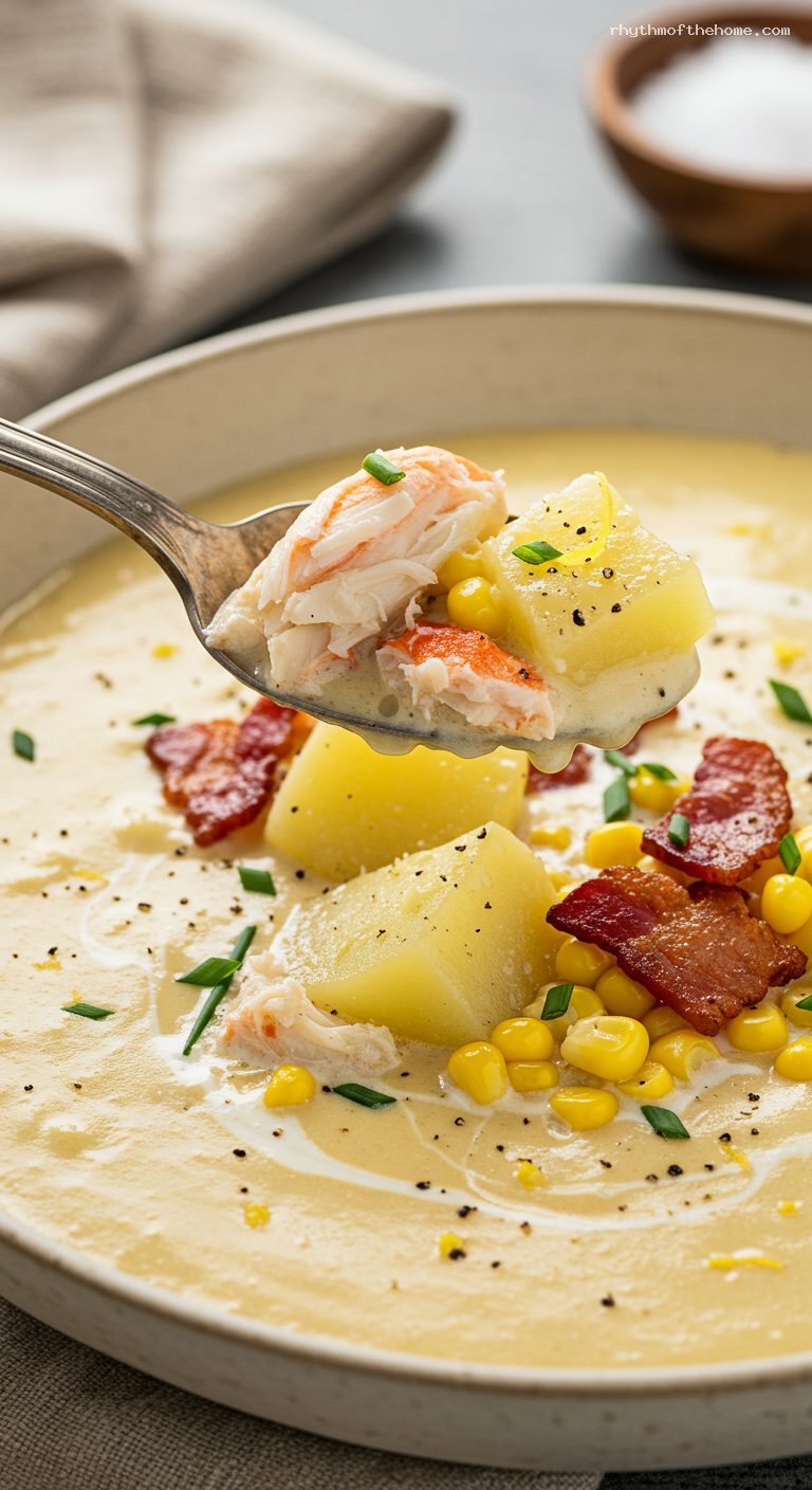 Creamy Crab and Corn Chowder with Bacon and Thyme – Closeup
