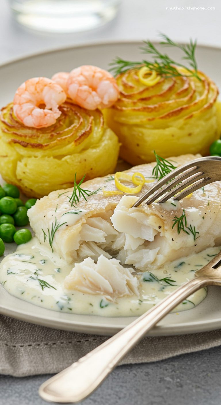 Creamy Dill Fish Gratin with Duchess Potatoes – Closeup