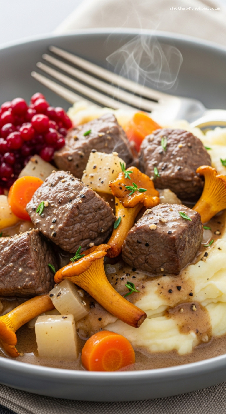 Creamy Juniper Game Stew with Chanterelles – Closeup