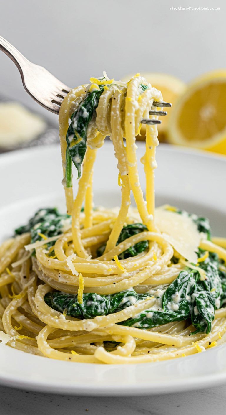 Creamy Lemon Ricotta Spinach Pasta – Closeup