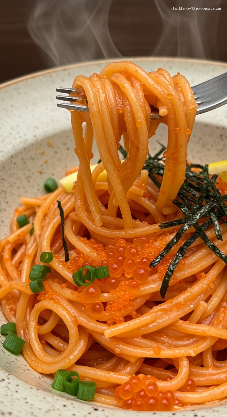 Creamy Mentaiko Pasta with Nori and Scallions – Closeup