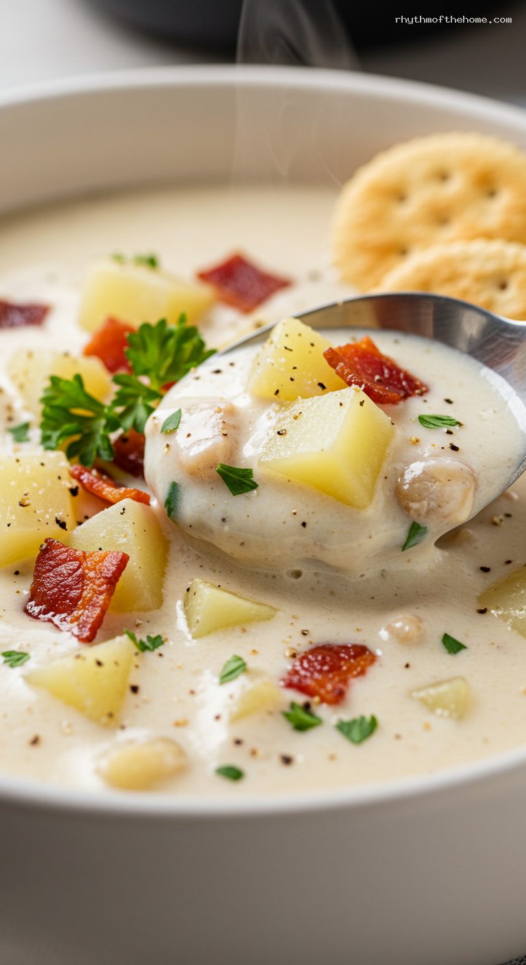 Creamy New England Clam Chowder with Bacon – Closeup