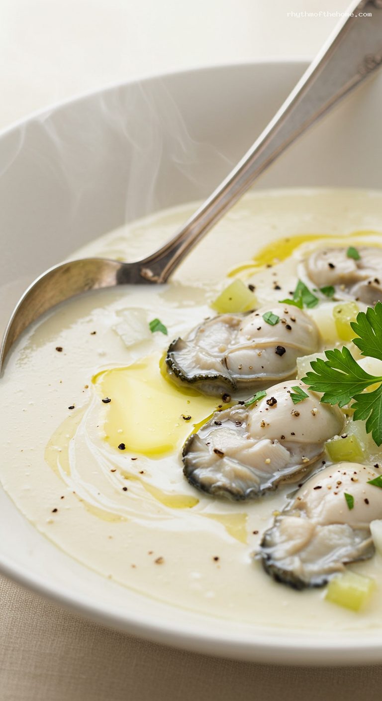 Creamy Oyster Stew with Shallot and Celery – Closeup