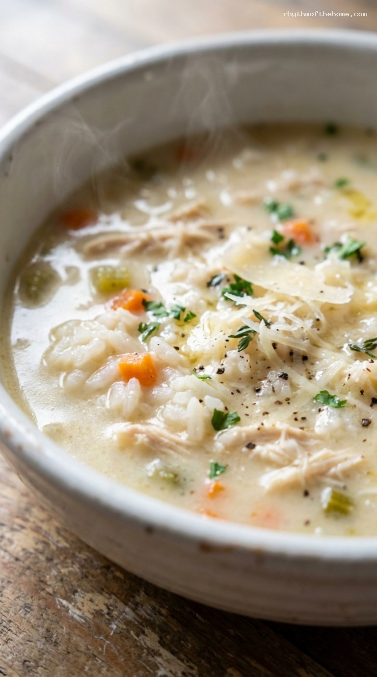 Creamy Parmesan Chicken and Rice Soup with Lemon – Closeup