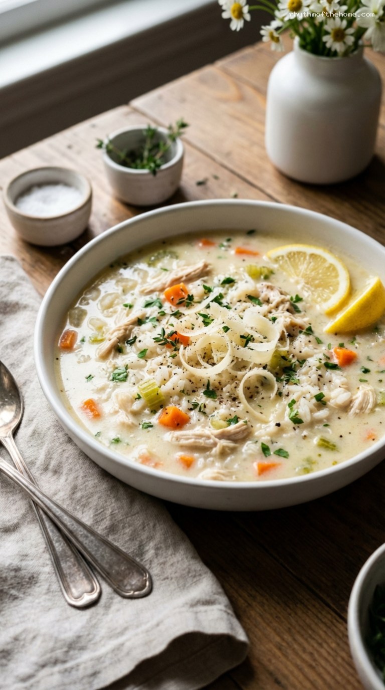 Creamy Parmesan Chicken and Rice Soup with Lemon