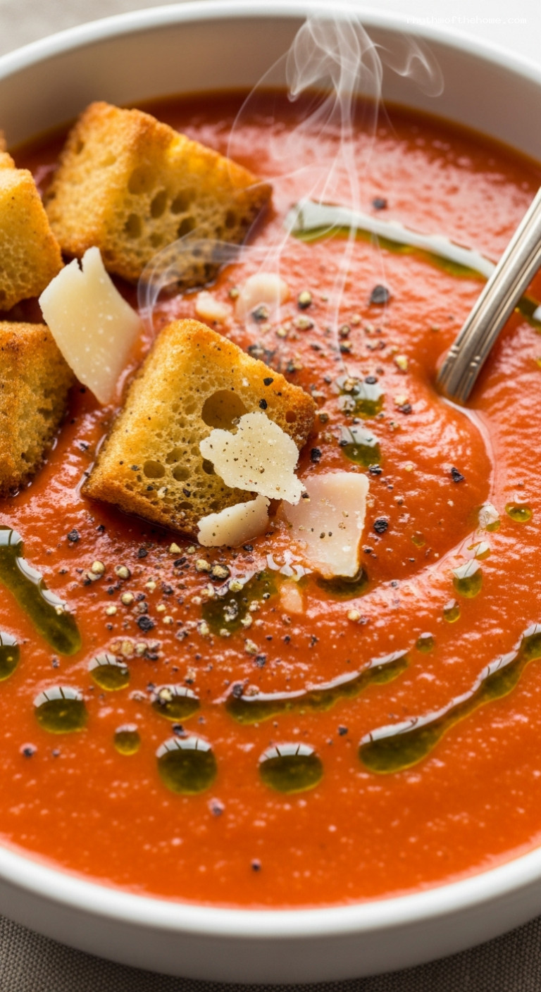 Creamy Parmesan Herb Tomato Soup with Basil Oil and Croutons – Closeup