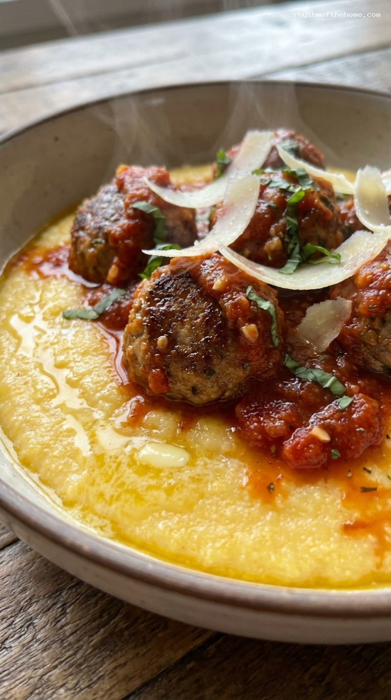 Creamy Parmesan Polenta Bowls with Saucy Meatballs – Closeup