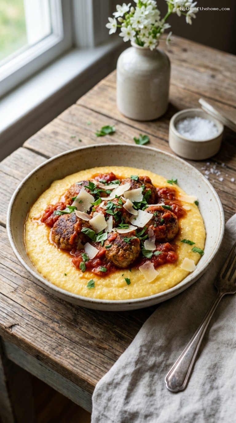 Creamy Parmesan Polenta Bowls with Saucy Meatballs