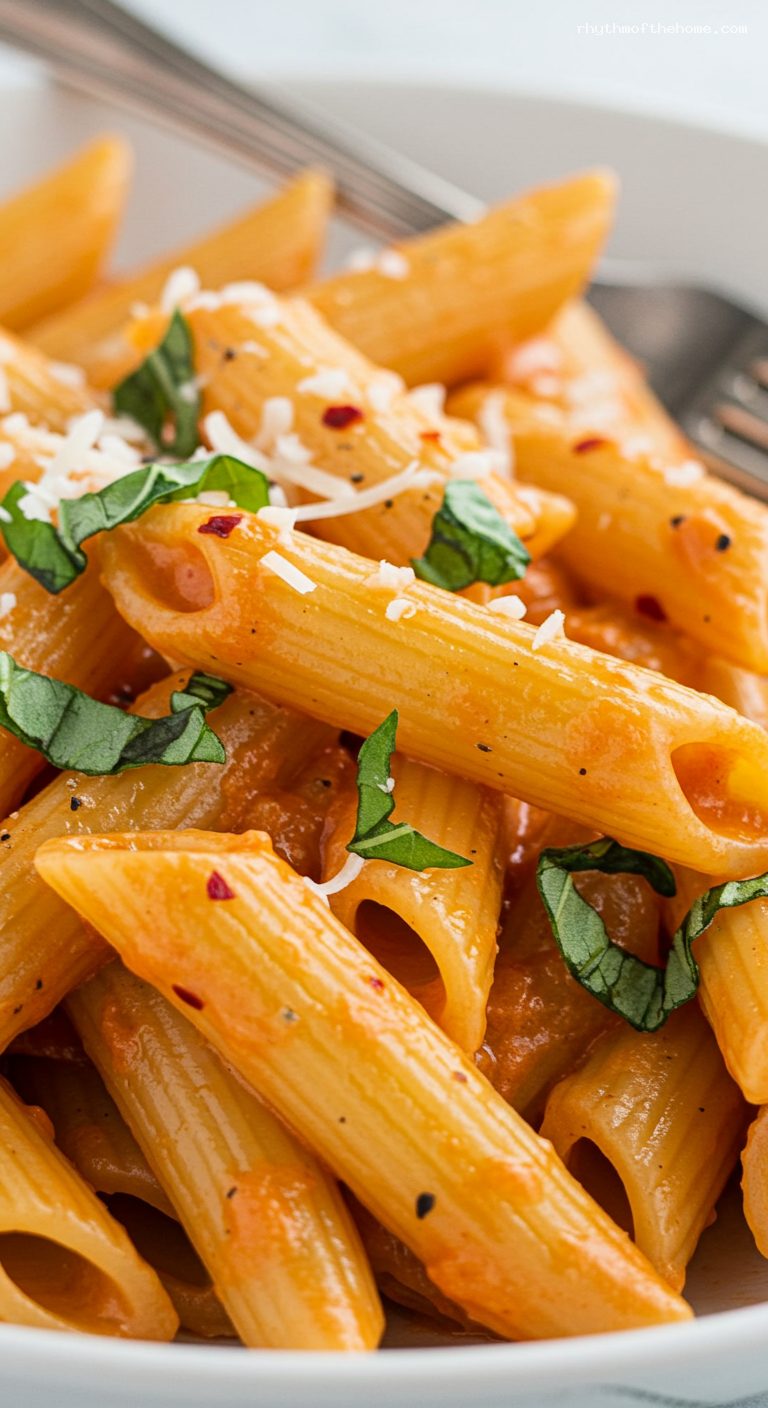 Creamy Penne alla Vodka with Basil – Closeup