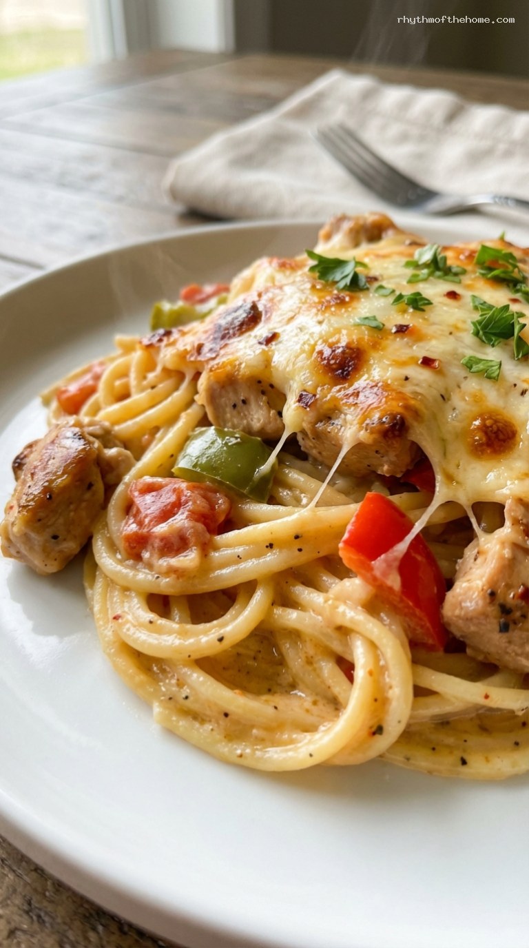 Creamy Pepper Jack Chicken Spaghetti Bake – Closeup