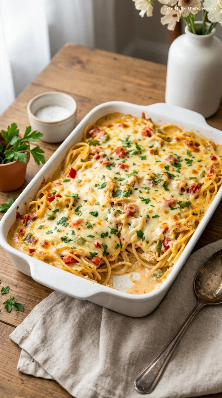 Creamy Pepper Jack Chicken Spaghetti Bake