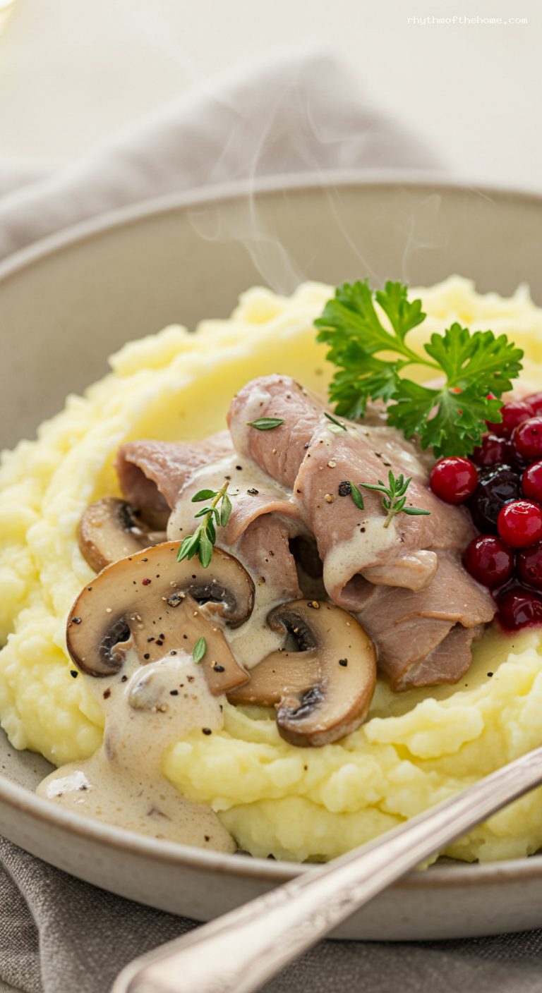 Creamy Renskav with Mushrooms and Lingonberries – Closeup