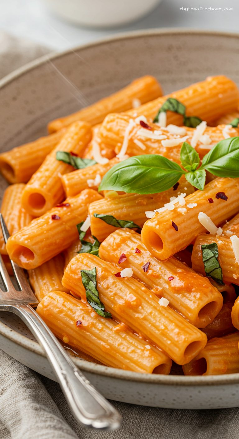 Creamy Roasted Red Pepper Rigatoni – Closeup