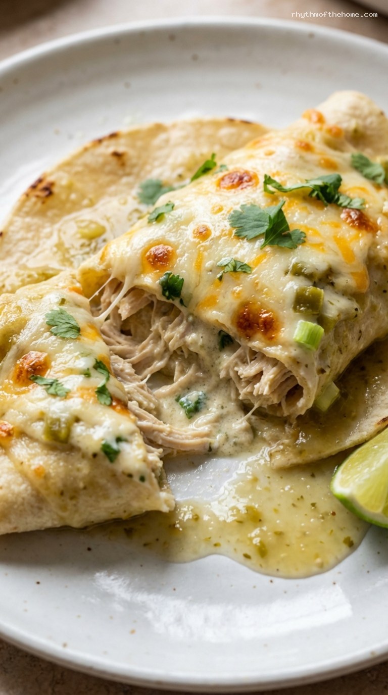 Creamy Salsa Verde Chicken Enchilada Bake – Closeup