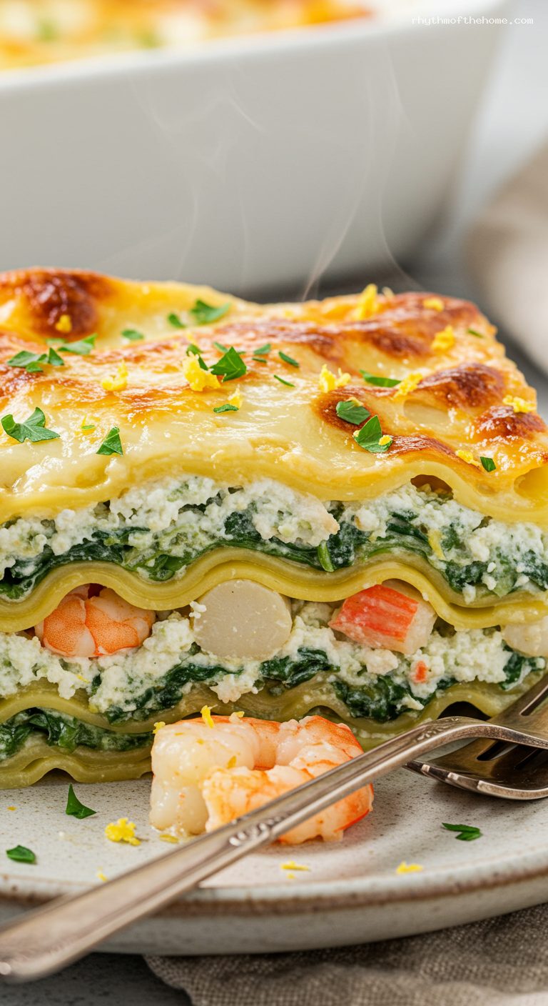 Creamy Seafood Lasagna with Spinach and Alfredo – Closeup
