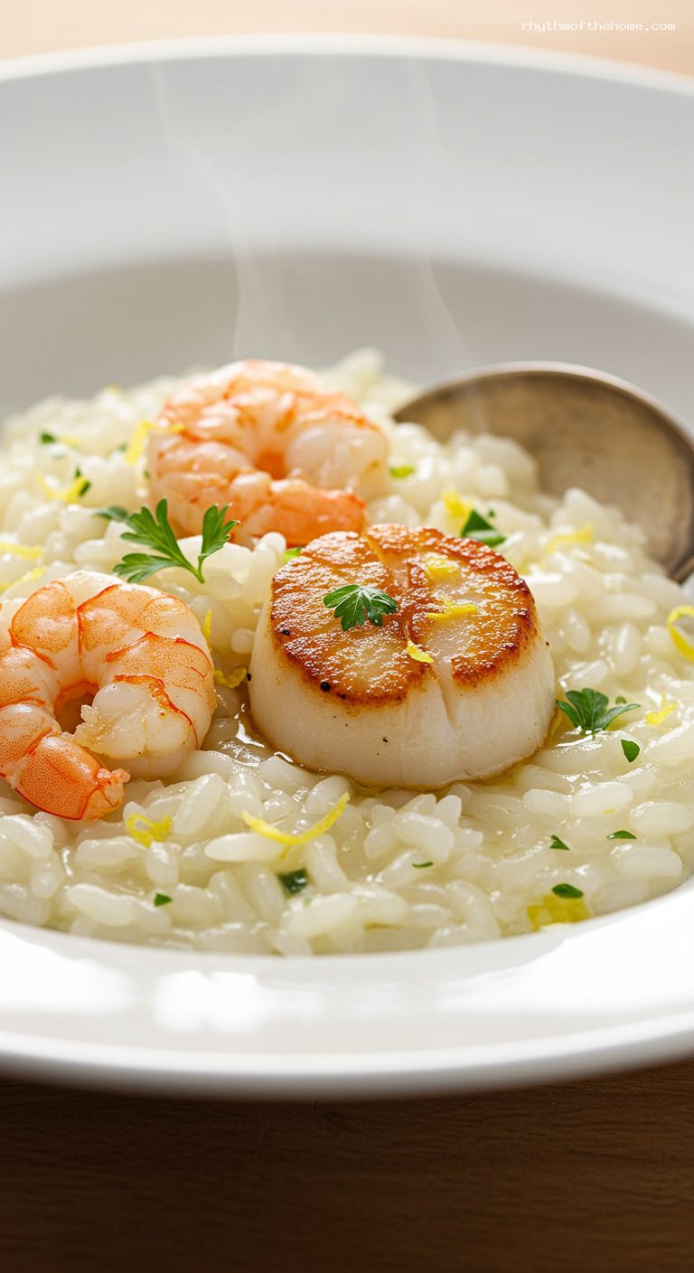 Creamy Seafood Risotto with Shrimp and Scallops – Closeup