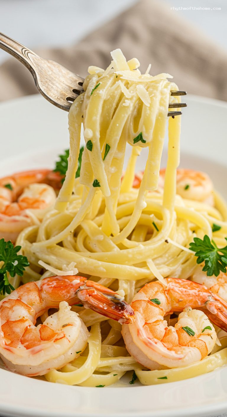 Creamy Shrimp Alfredo Fettuccine with Lemon and Parsley – Closeup