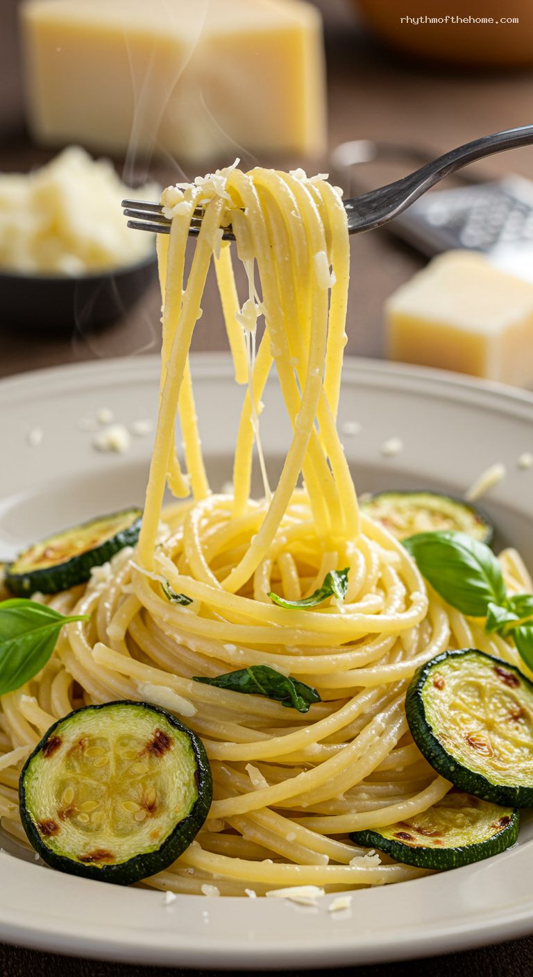 Creamy Spaghetti alla Nerano with Zucchini and Provolone – Closeup