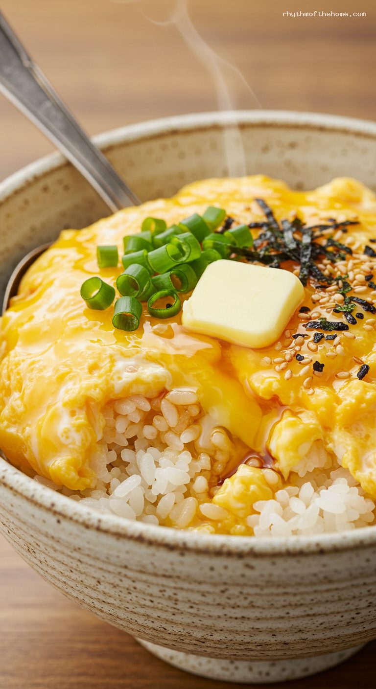 Creamy Tamago Kake Gohan (TKG) Breakfast – Closeup