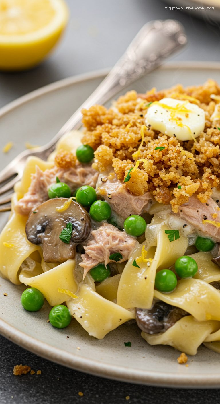 Creamy Tuna Noodle Casserole with Crunchy Topping – Closeup
