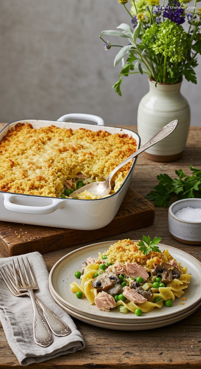 Creamy Tuna Noodle Casserole with Crunchy Topping