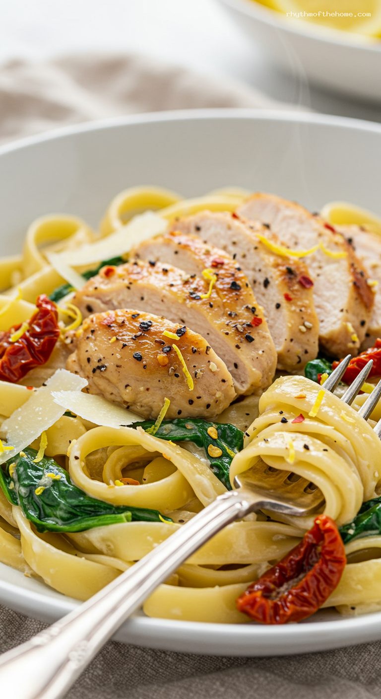 Creamy Tuscan Chicken Fettuccine with Sun-Dried Tomatoes – Closeup