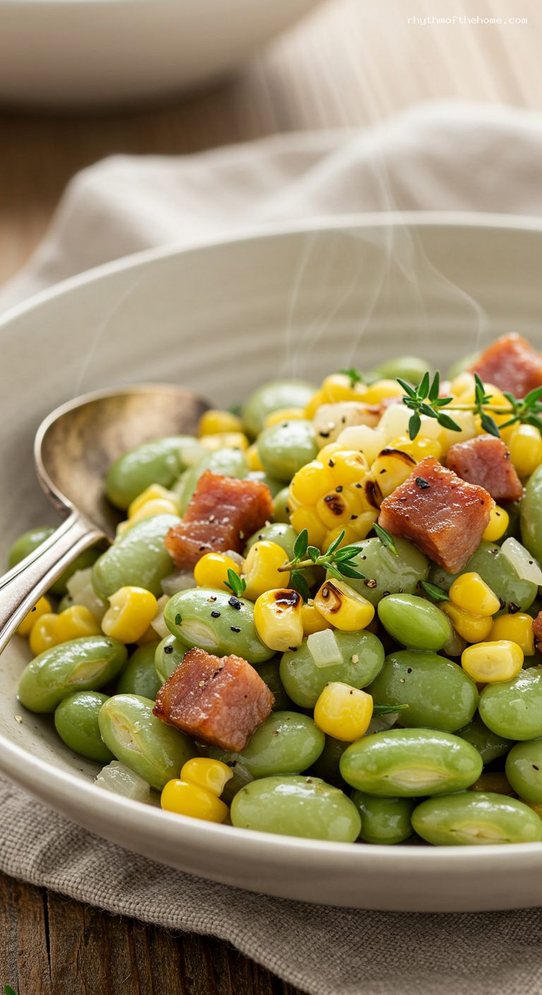 Creamy Yankee Succotash with Corn, Lima Beans, and Thyme – Closeup
