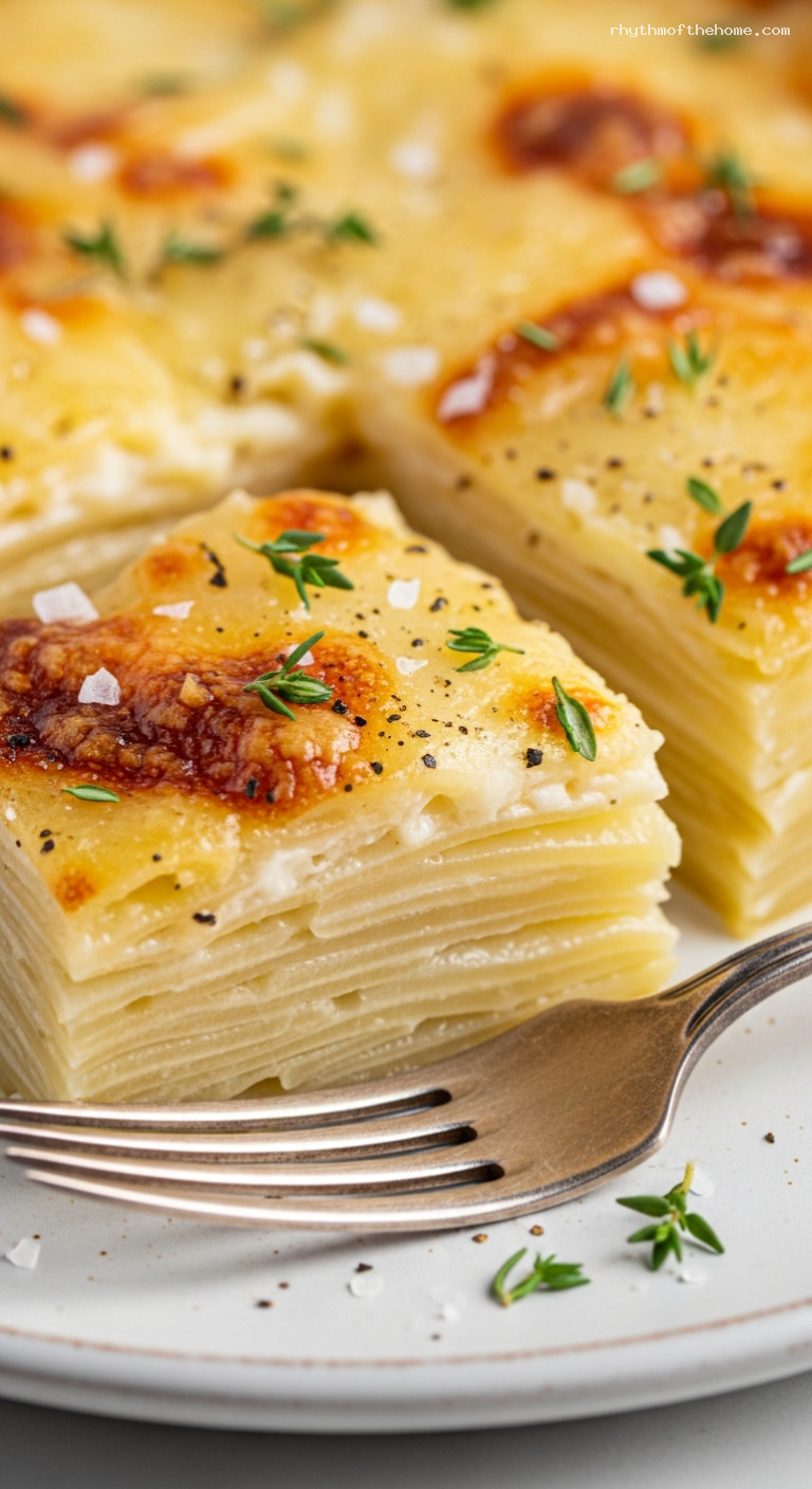 Creamy Yukon Gold Potato Gratin with Gruyère and Thyme – Closeup