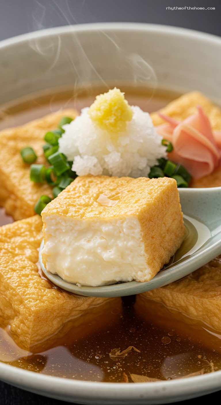Crispy Agedashi Tofu in Tentsuyu Broth – Closeup