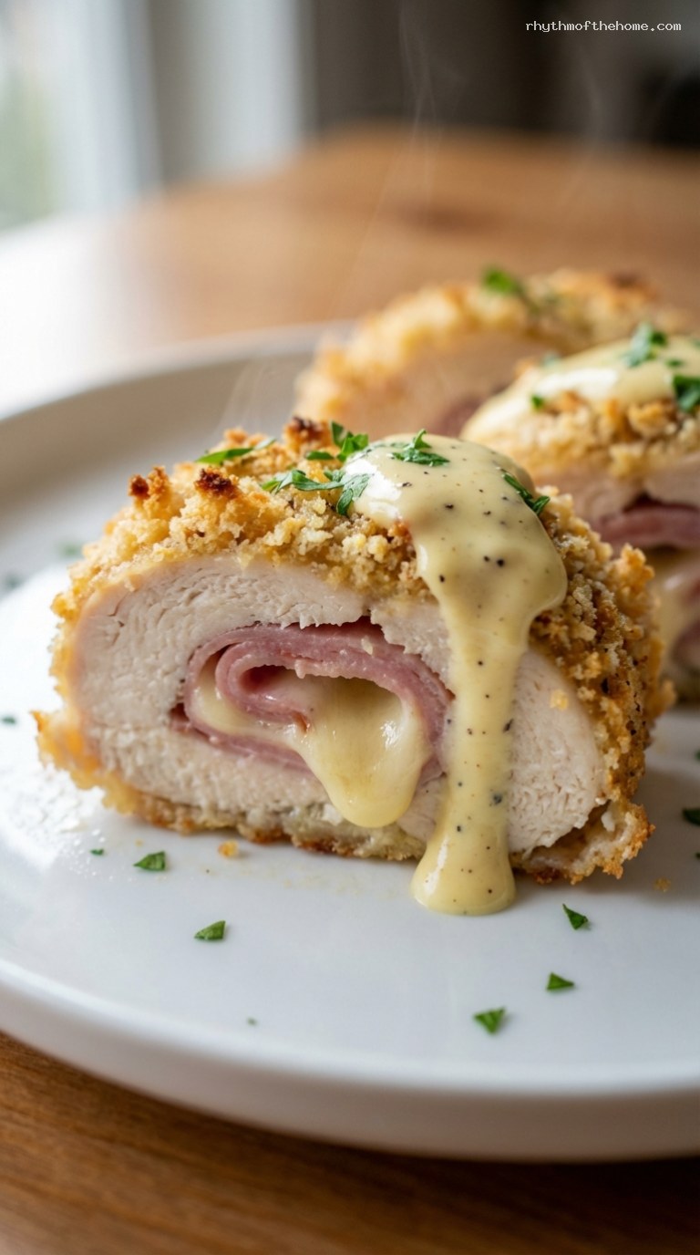 Crispy Baked Chicken Cordon Bleu With Ham and Swiss – Closeup