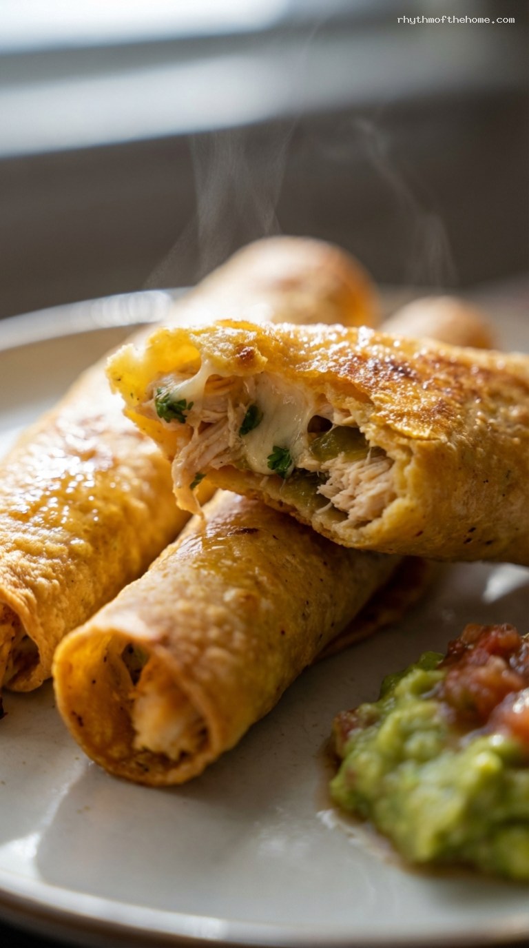Crispy Baked Chicken Taquitos With Guacamole or Salsa – Closeup