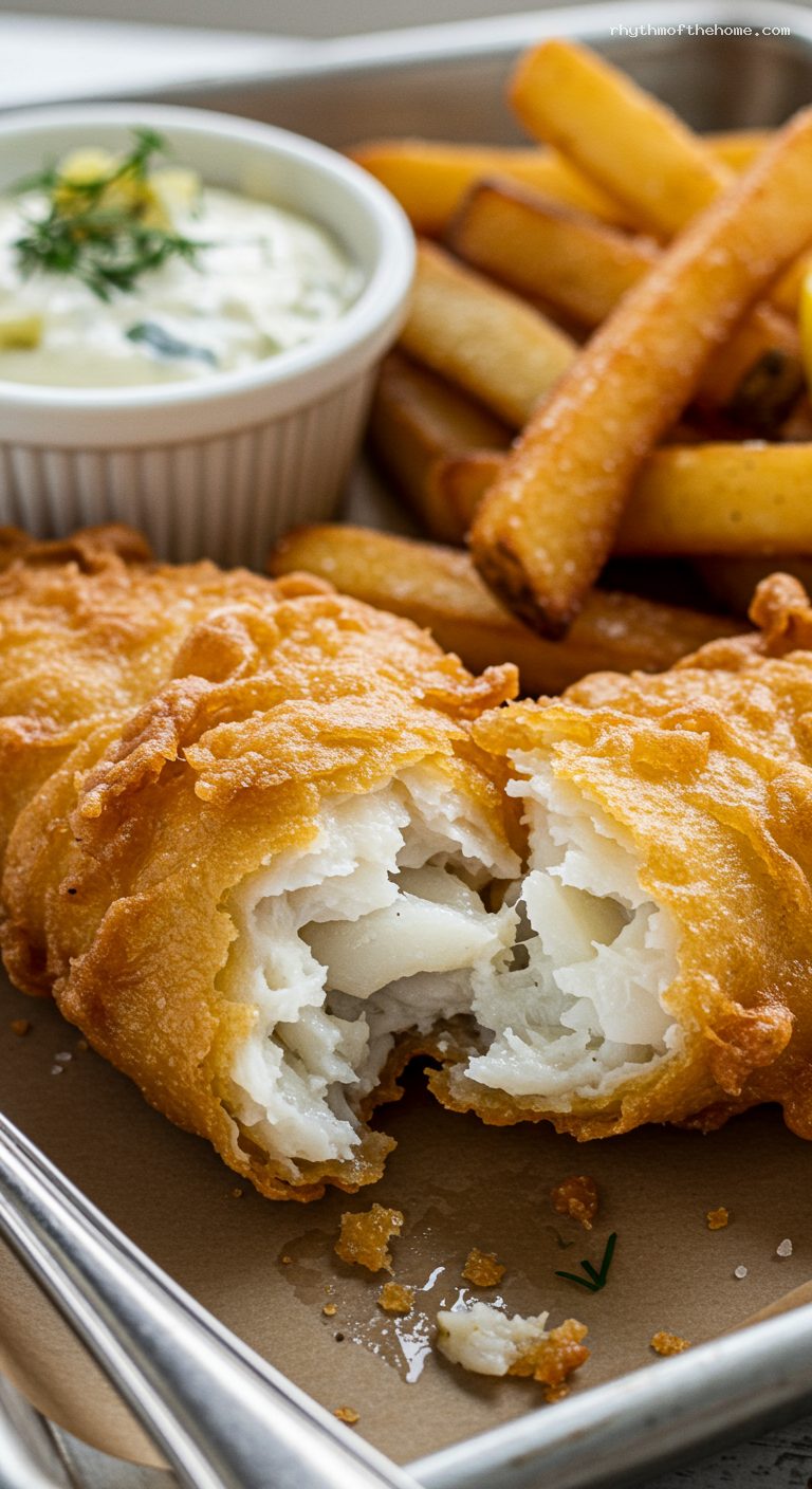 Crispy Beer-Battered Fish and Chips with Tartar Sauce – Closeup