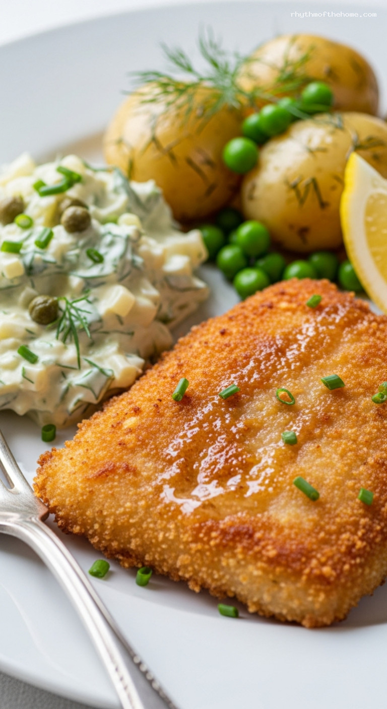 Crispy Breaded Plaice with Remoulade and Dill Potatoes – Closeup