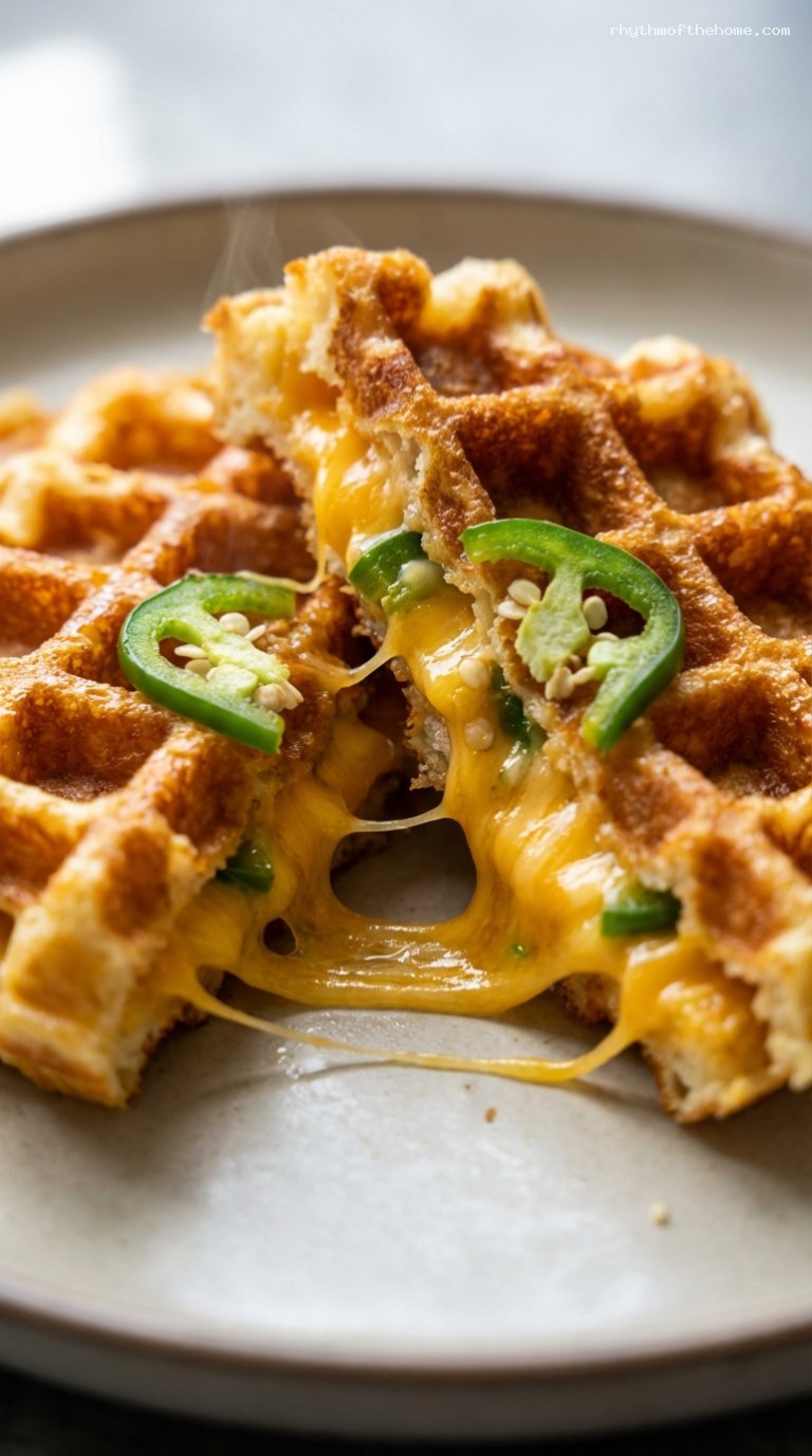 Crispy Cheddar Jalapeño Waffle Grilled Cheese – Closeup