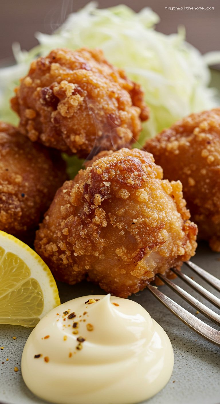 Crispy Chicken Karaage with Lemon and Japanese Mayo – Closeup